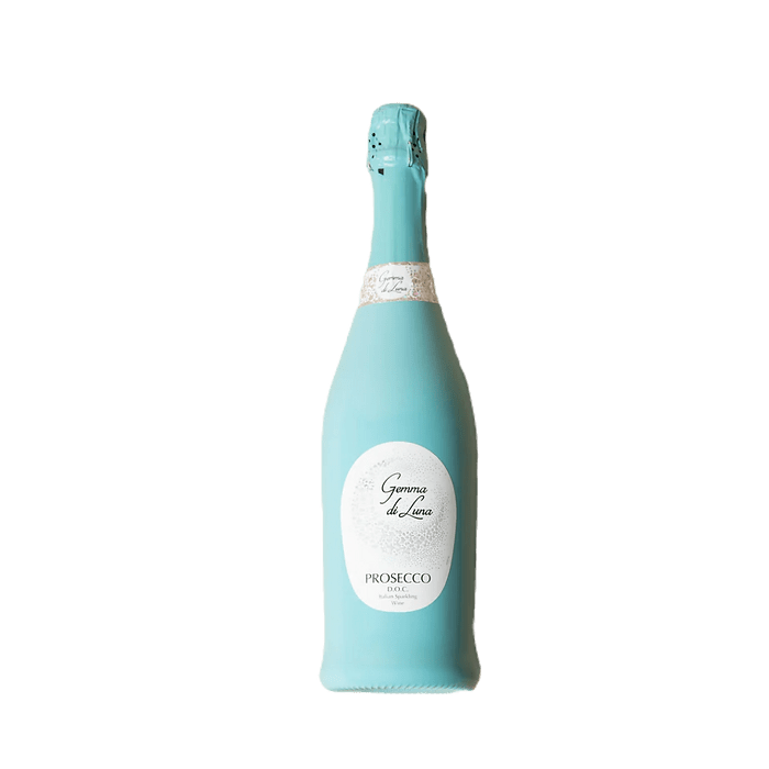 Gemma di Luna Prosecco bottle in a light blue, matte finish with a white label and silver foil at the top. The bottle has an elegant and modern design, suitable for special occasions.