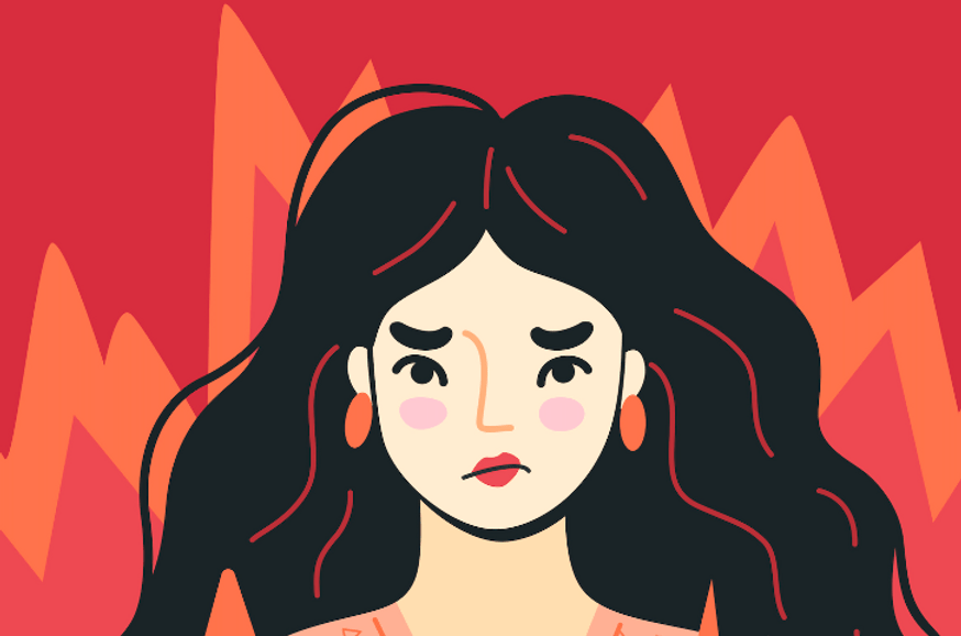Illustration of a frustrated woman with a backdrop of fiery colors, symbolizing the intense mood swings and anger often experienced during perimenopause. This image supports an article discussing perimenopausal rage, its causes, symptoms, and strategies for managing this challenging phase of life.