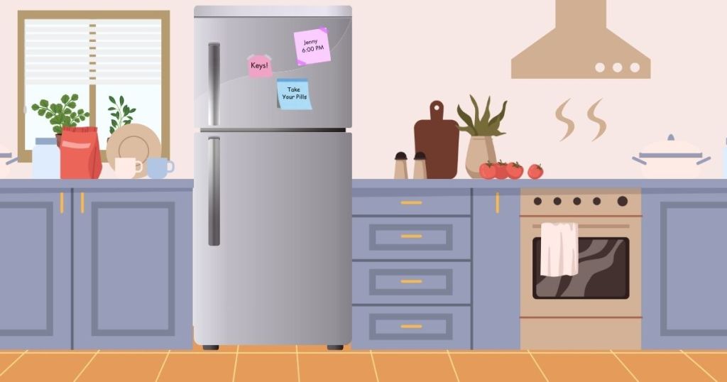 A cartoon of a kitchen of a perimenopausal woman with reminder notes on the fridge.