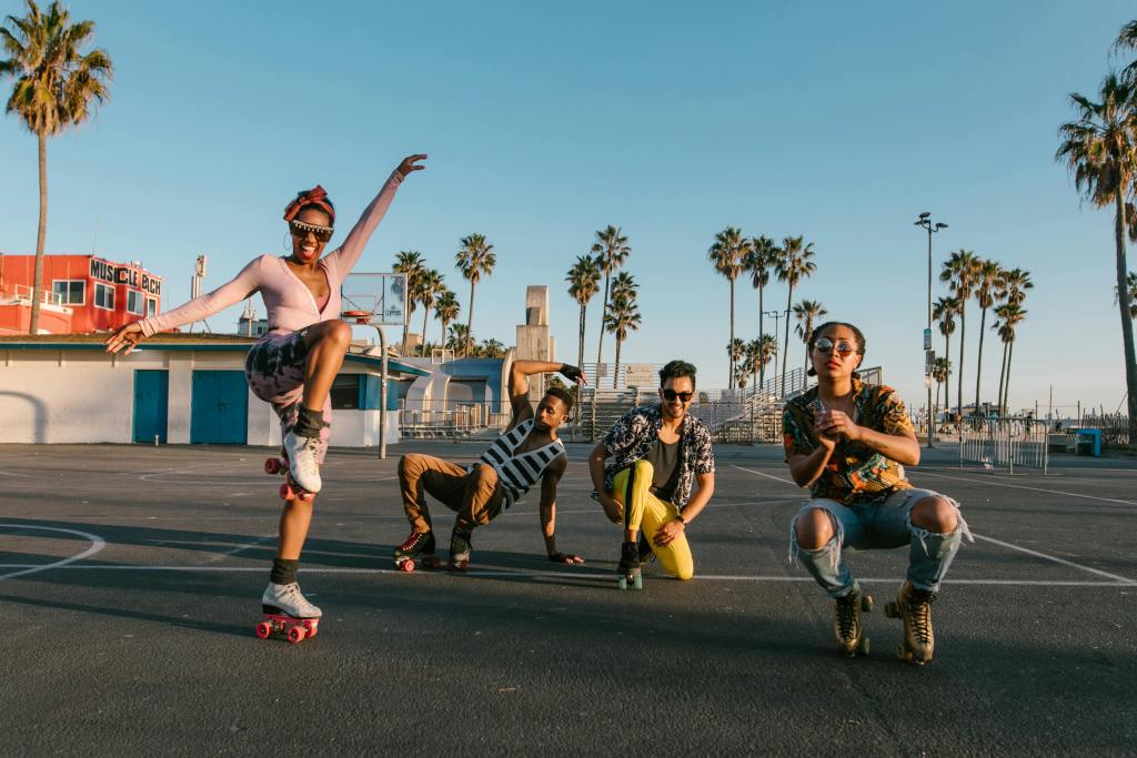 A photo of people on roller skates in california with a Gen X vibe.