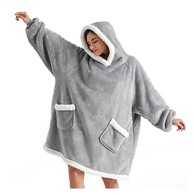 A Hoodie Blanket in grey with white fleece on Hood, pockets and trim. 