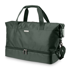 A weekender bag featuring a lower compartment to store shoes in the color dark green. 
