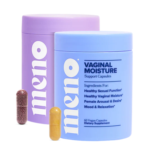 Two jars of Meno vaginal moisture support capsules in lavender and blue, with a red and yellow capsule displayed in front of them.