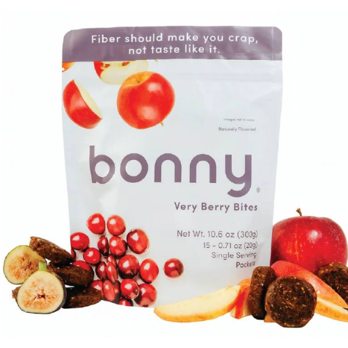 Package of Bonny Very Berry Bites featuring colorful fruit illustrations, including apples and berries, with a humorous tagline about fiber.