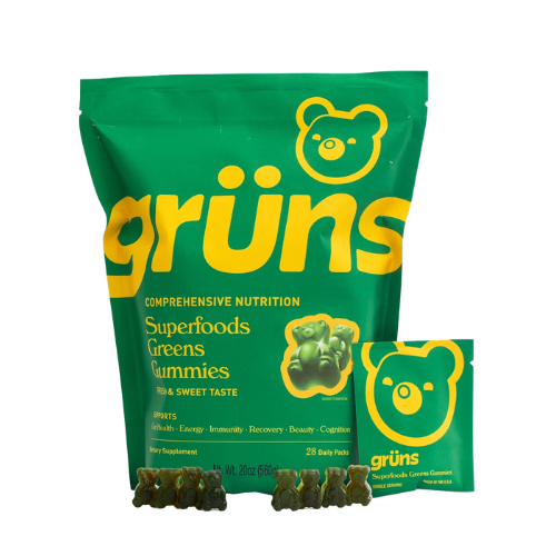 A pouch of grüns Superfoods Greens Gummies, featuring a bright green bag with a cute bear illustration, showcasing the product's fun and healthy appeal.