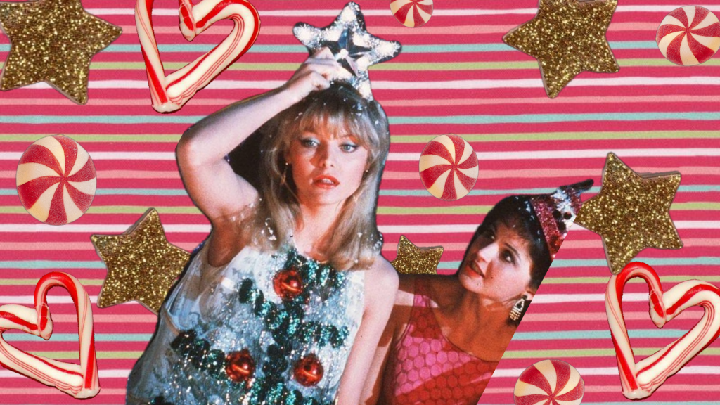 A holiday gift guide collage featuring midlife-friendly products including skincare, cooling pajamas, LED face mask, spa robe, Bala Bangles, eyewear, wellness apparel, fan, brush, and comfort slides.