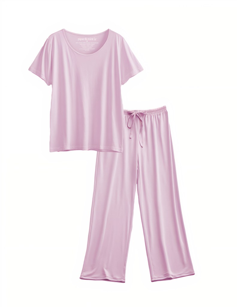 Pink Piper & Mint cooling pajamas made with mint-infused fabric designed to reduce night sweats and keep skin cool.