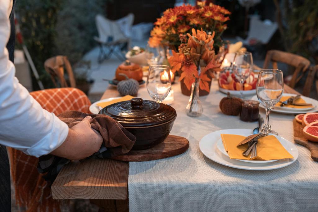 A family gathering for a Thanksgiving Dinner with Butterscotch Squash and Brussel Sprout side dishes.