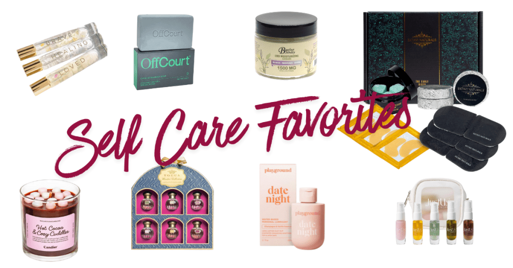 Collage labeled ‘Self Care Favorites’ featuring essential oil roller blends, OffCourt exfoliating body soap, CBD moisturizing cream, a luxury spa gift set with bath truffles, under-eye gel patches, reusable makeup remover pads, a hot cocoa scented candle, Tocca mini perfume set, Playground Date Night intimate serum, and a JustUs skincare travel kit.