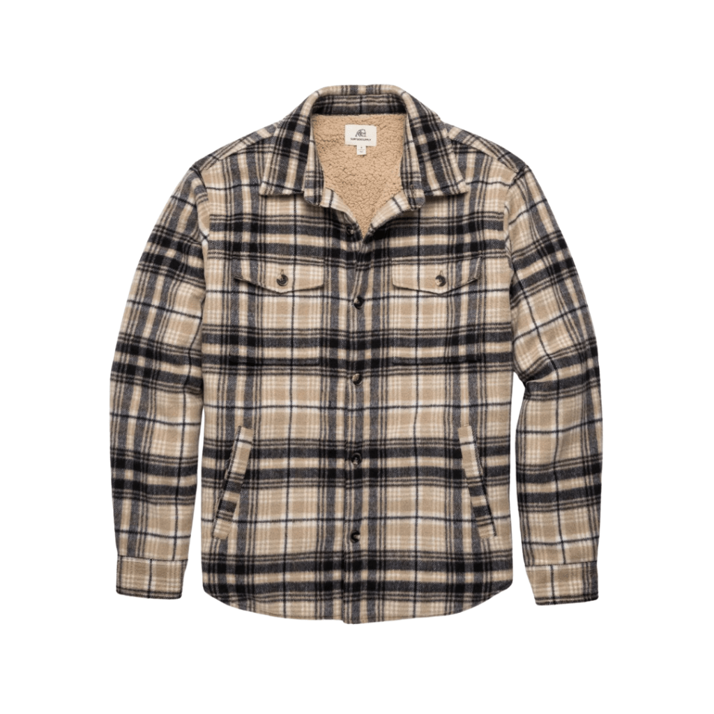 Surfside Supply Co Plaid Skip Sherpa Shirt Jacket in beige and black