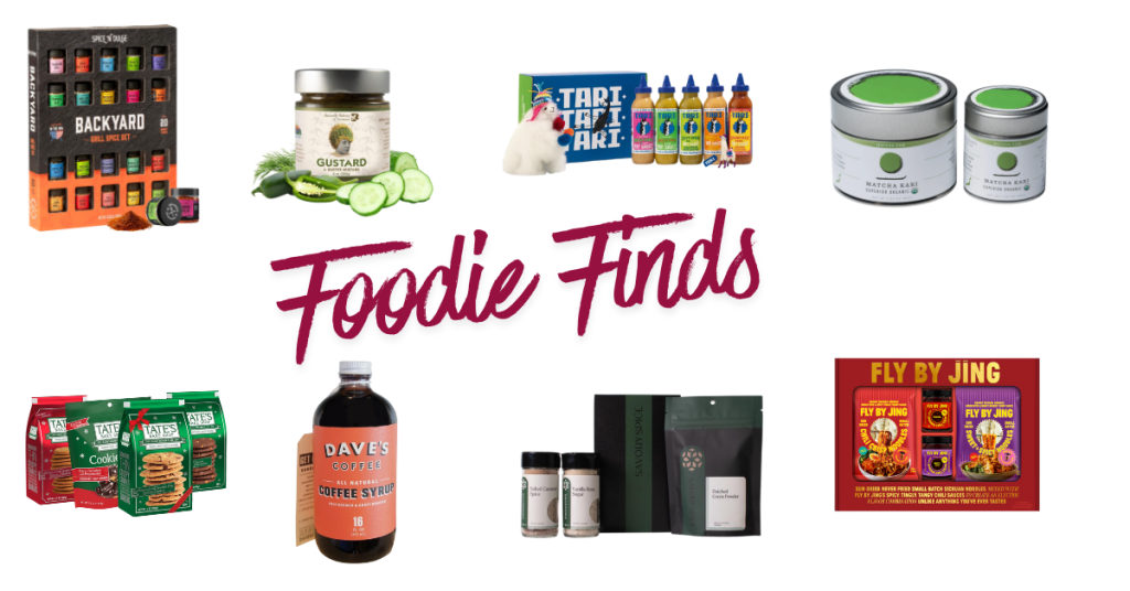 Collage of gourmet stocking stuffer ideas labeled ‘Foodie Finds,’ featuring a BBQ spice set, Gustard gourmet mustard jar with cucumbers, Tari hot sauce gift pack, matcha latte tins, Tate’s holiday cookie packs, Dave’s coffee syrup, artisanal vanilla bean sugar and salted caramel spices, matcha and cocoa blends, and Fly By Jing chili crisp and noodle gift sets.