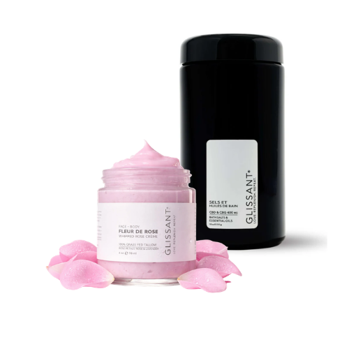 Glissant Love CBD + CBG Sels et Huiles de Bain (18 oz) + Nude Fleur de Rose Whipped Tallow Face & Body Crème