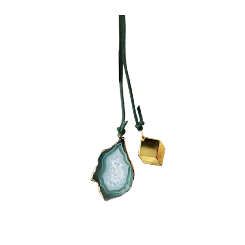 Bookmark from Alysian Designs featuring a natural blue agate slice paired with a small gold cube, hung on a dark green cord.