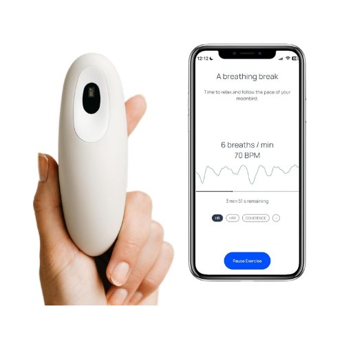 A person holding a white handheld breathing device from Moonbird next to a smartphone displaying a breathing exercise interface with stats like '6 breaths/min' and a timer.