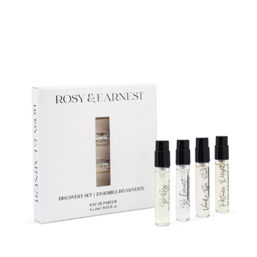A discovery set of four Eau de Parfum samples from Rosy & Earnest, packaged in a sleek white box.
