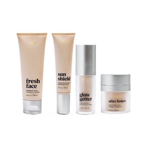 Four skincare products from Plexus arranged side by side, including a cleanser labeled 'fresh face,' a sunscreen labeled 'sun shield,' a serum labeled 'glow getter,' and a moisturizer labeled 'after hours.'