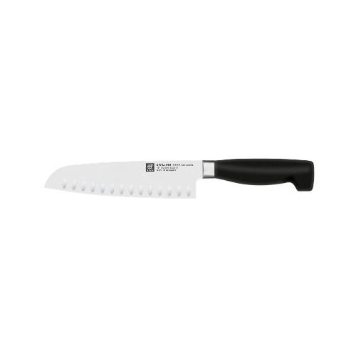 A sleek chef's knife with a stainless steel blade and a black handle, featuring a granton edge for efficient slicing.