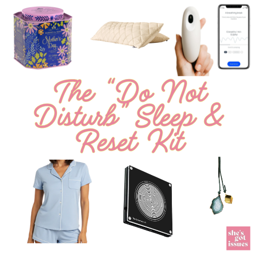 A collection of items for a sleep and relaxation kit featuring a gift box, cozy pillow, sleep tracking device, stylish pajamas, and various relaxation tools, with the text 'The "Do Not Disturb" Sleep & Reset Kit' prominently displayed.