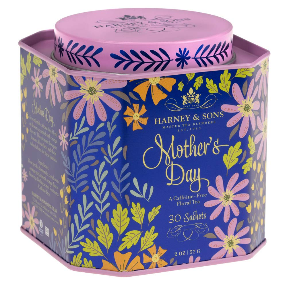 Decorative tea tin for Mother's Day from Harney & Sons, featuring colorful floral designs and the text 'Mother's Day'. Contains 30 caffeine-free floral tea sachets.