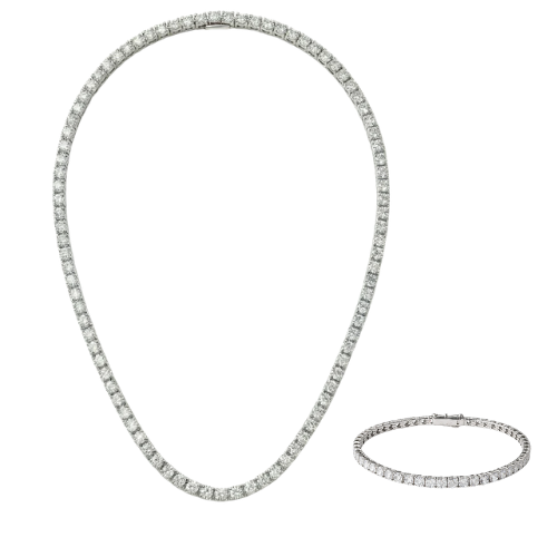 A sparkling diamond necklace and bracelet set displayed against a white background.