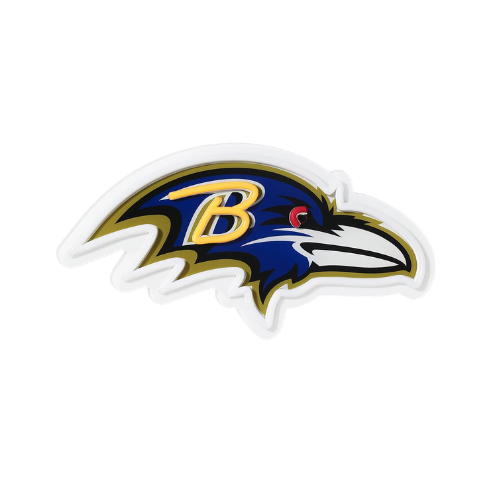 Baltimore Ravens logo featuring a stylized raven's head in black, yellow, and purple.