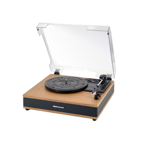A vintage-style turntable with a wooden finish and a clear dust cover open, featuring a circular platter and tonearm, branded with 'RadioShack'.