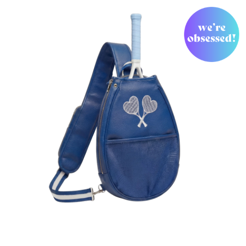 A stylish blue tennis bag shaped like a racquet, featuring a heart design and a shoulder strap.