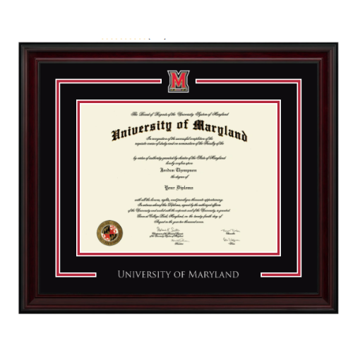 Framed diploma from the University of Maryland with the university's seal and colors.