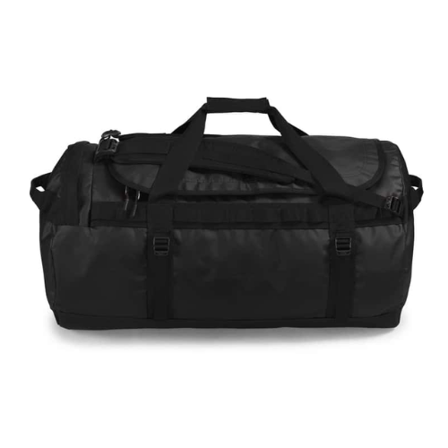 Large black duffel bag with multiple carrying handles and a zippered compartment.