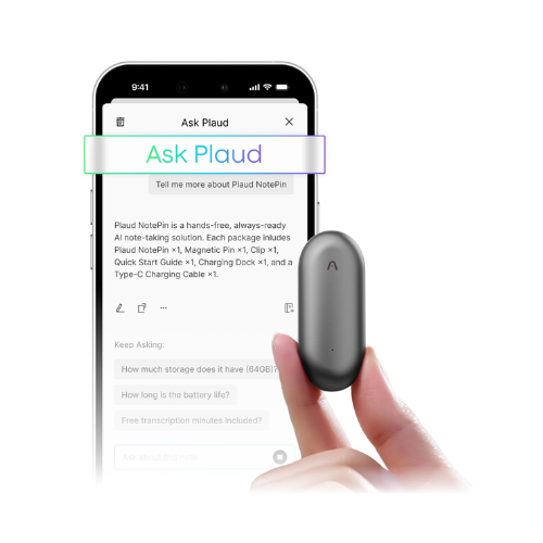 A close-up of a hand holding a black device next to a smartphone displaying the 'Ask Plaud' feature with a note-taking solution description.