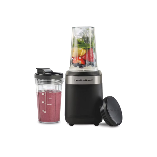 Hamilton Beach blender with a clear container filled with fruits and vegetables, a smoothie cup, and a lid on a white background.