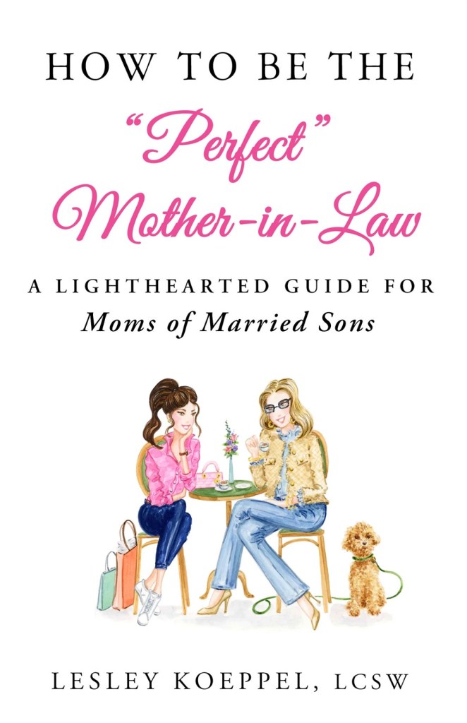 Book cover for 'How to Be the Perfect Mother-in-Law', featuring two women sitting at a table with coffee and a small dog, surrounded by shopping bags.