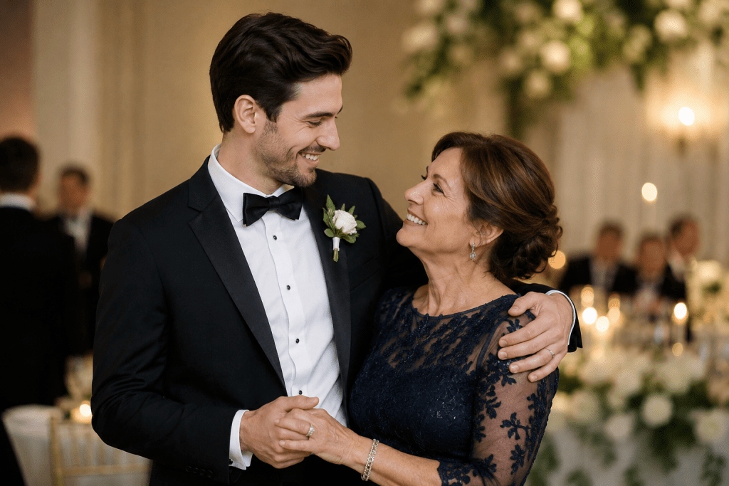 A mother and son share a joyful moment while dancing at a wedding reception, both smiling warmly at each other.