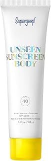 A tube of Supergoop! Unseen Sunscreen Body with SPF 40, featuring a white and yellow design.
