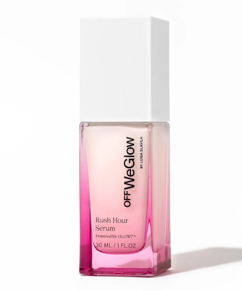 A pink gradient glass serum bottle labeled 'OFF We Glow Rush Hour Serum' with a white cap, containing 30 ML of product.