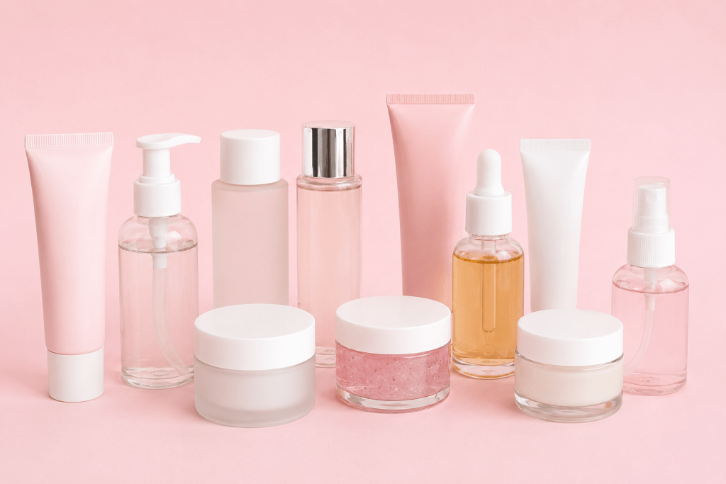 Various skincare products arranged on a pink background, including tubes, bottles, and jars in shades of pink and clear glass.
