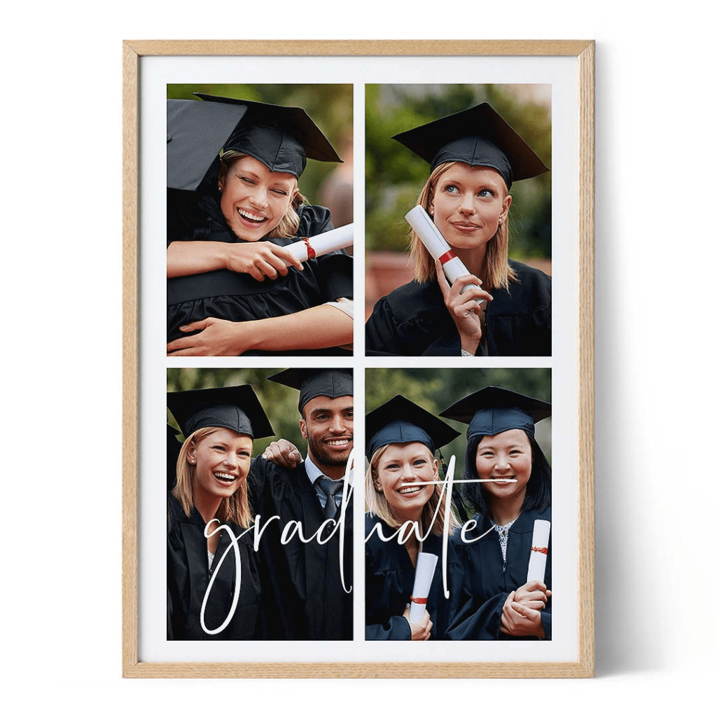 A collage of four photos featuring graduates celebrating. The top left shows a smiling woman embracing another graduate. The top right features a woman holding a diploma and smiling thoughtfully. The bottom left captures a joyful moment with two graduates, one with an arm around the other. The bottom right shows a group of four graduates smiling together, holding diplomas, with the word 'graduate' written elegantly across the images.