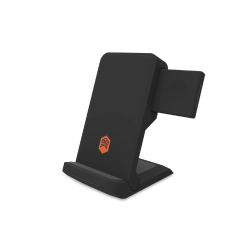 A black wireless charging stand with an adjustable holder and an orange logo.