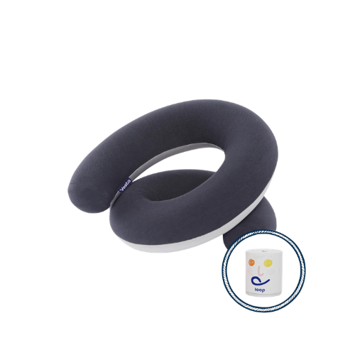 A dark gray neck pillow designed in a loop shape, with a cushioned surface, next to a white product packaging with colorful icons.