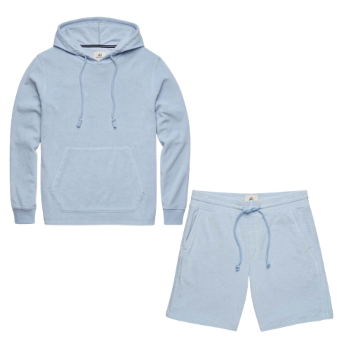 Light blue hoodie with a front pocket and drawstring hood, paired with matching light blue shorts.