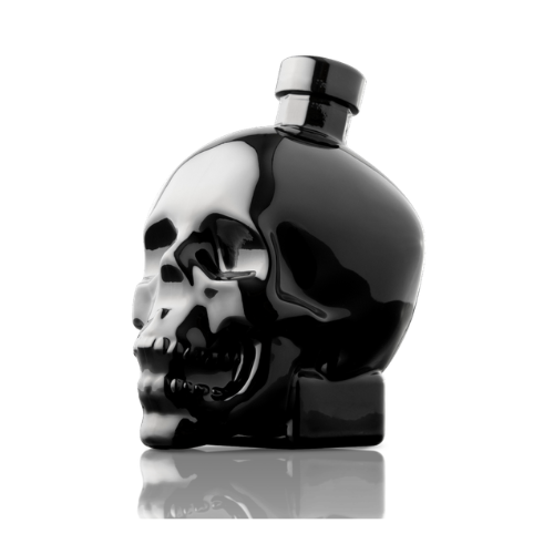 Black skull-shaped bottle with a shiny finish.