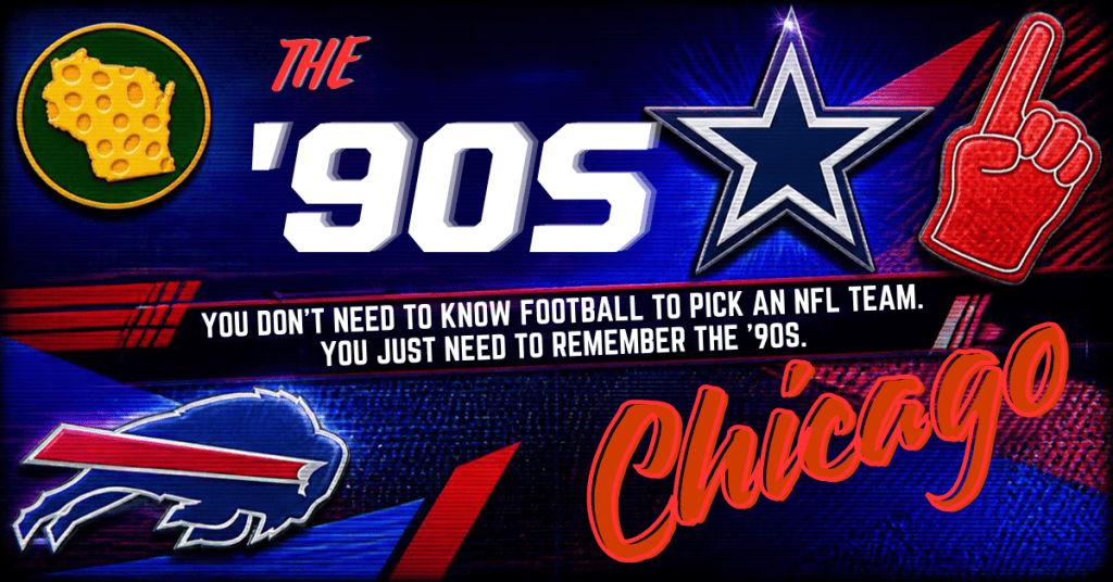 A graphic featuring a cheese head representing Wisconsin, the text 'THE '90S', a foam finger, a star symbolizing the Dallas Cowboys, a Buffalo Bills logo, and the word 'Chicago' in a playful font, emphasizing nostalgia for NFL teams from the 1990s.