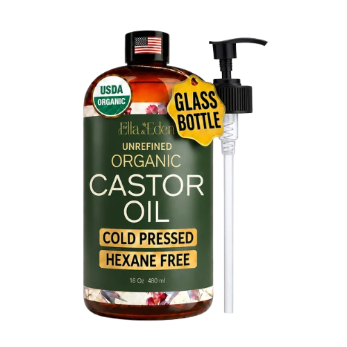 16 oz bottle of Ella Eden organic unrefined castor oil, cold pressed and hexane free, with a pump dispenser and a label indicating it's USDA organic and comes in a glass bottle.