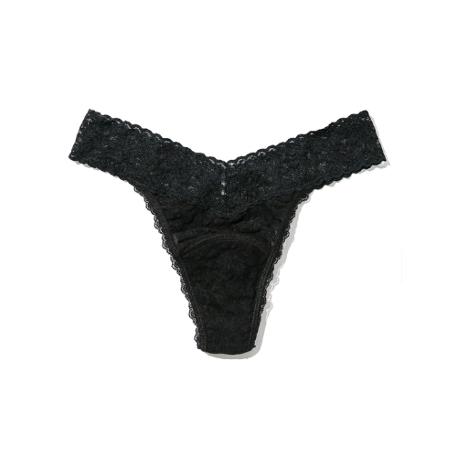A black lace thong underwear by Hanky Panky with a scalloped edge.
