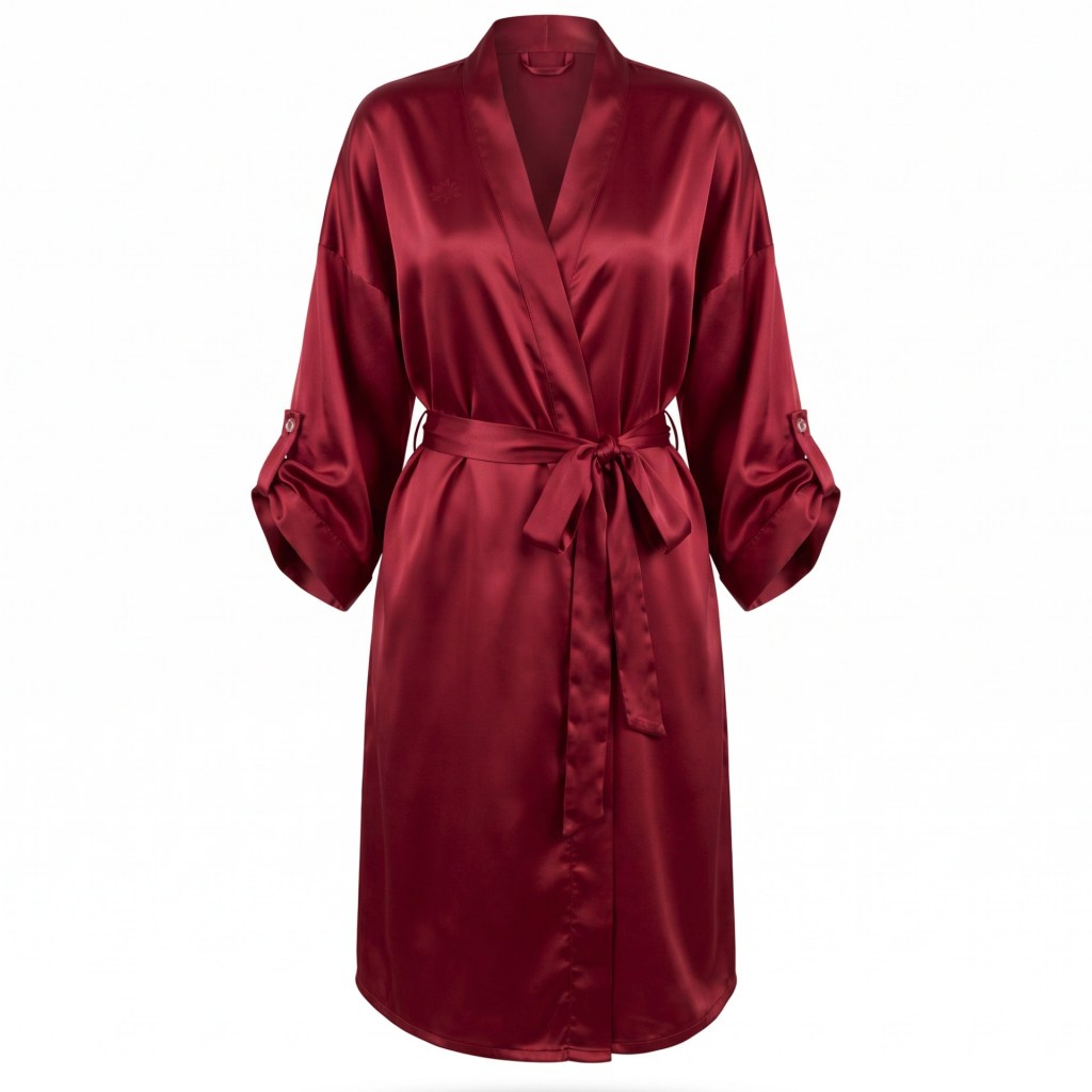 A luxurious red satin robe from Mulberry Park Silks with a tie waist and three-quarter sleeves.