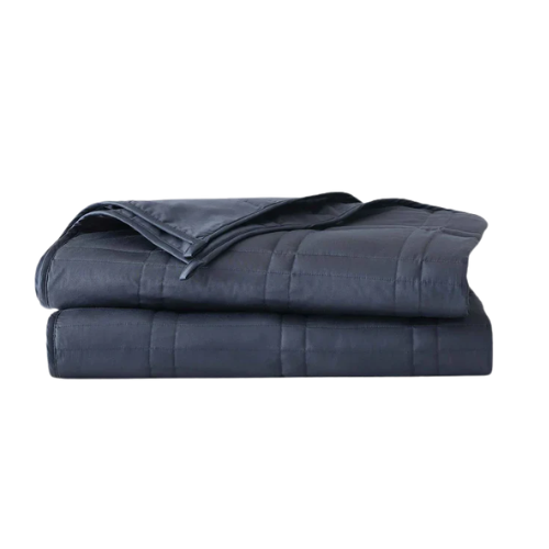Two neatly folded Baloo dark navy weighted blankets stacked on top of each other.