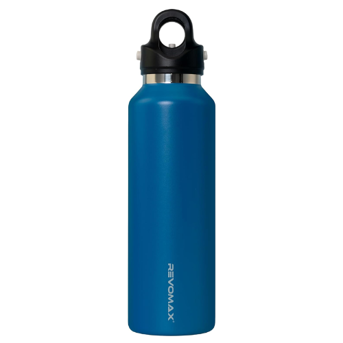 A stainless steel water bottle in a vibrant blue color with a black lid and handle, featuring the brand name 'REVOMAX' on the side.
