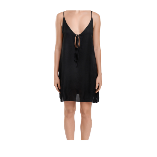 A black sleeveless dress by Katruss featuring a deep V-neckline and a tie detail at the front.