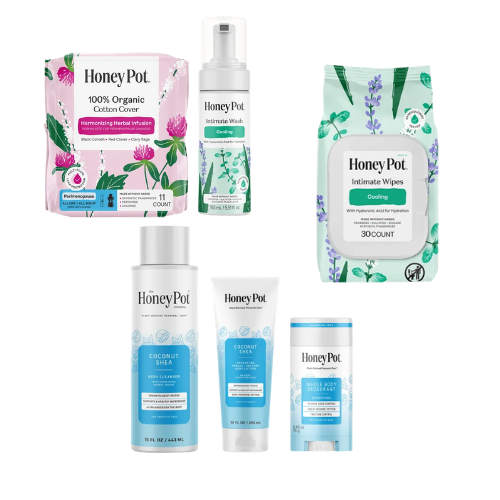 A collection of Honey Pot personal care products including 100% organic cotton cover, intimate wash, intimate wipes, and coconut shea lotions, all displayed together.
