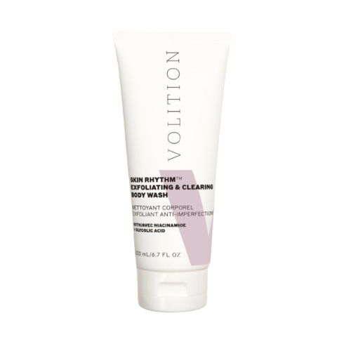 Tube of Volition Skin Rhythm Exfoliating & Clearing Body Wash, 200 mL, featuring a pink and white design.